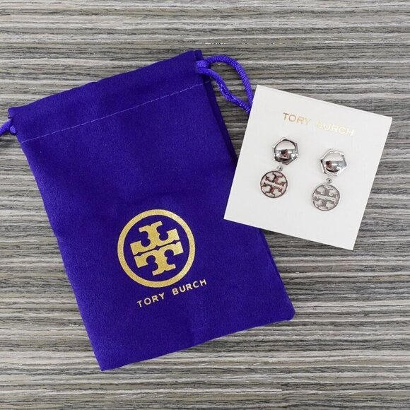 Tory Burch Hexagon Circle Logo Drop Earrings Silver OS - Picture 4 of 12